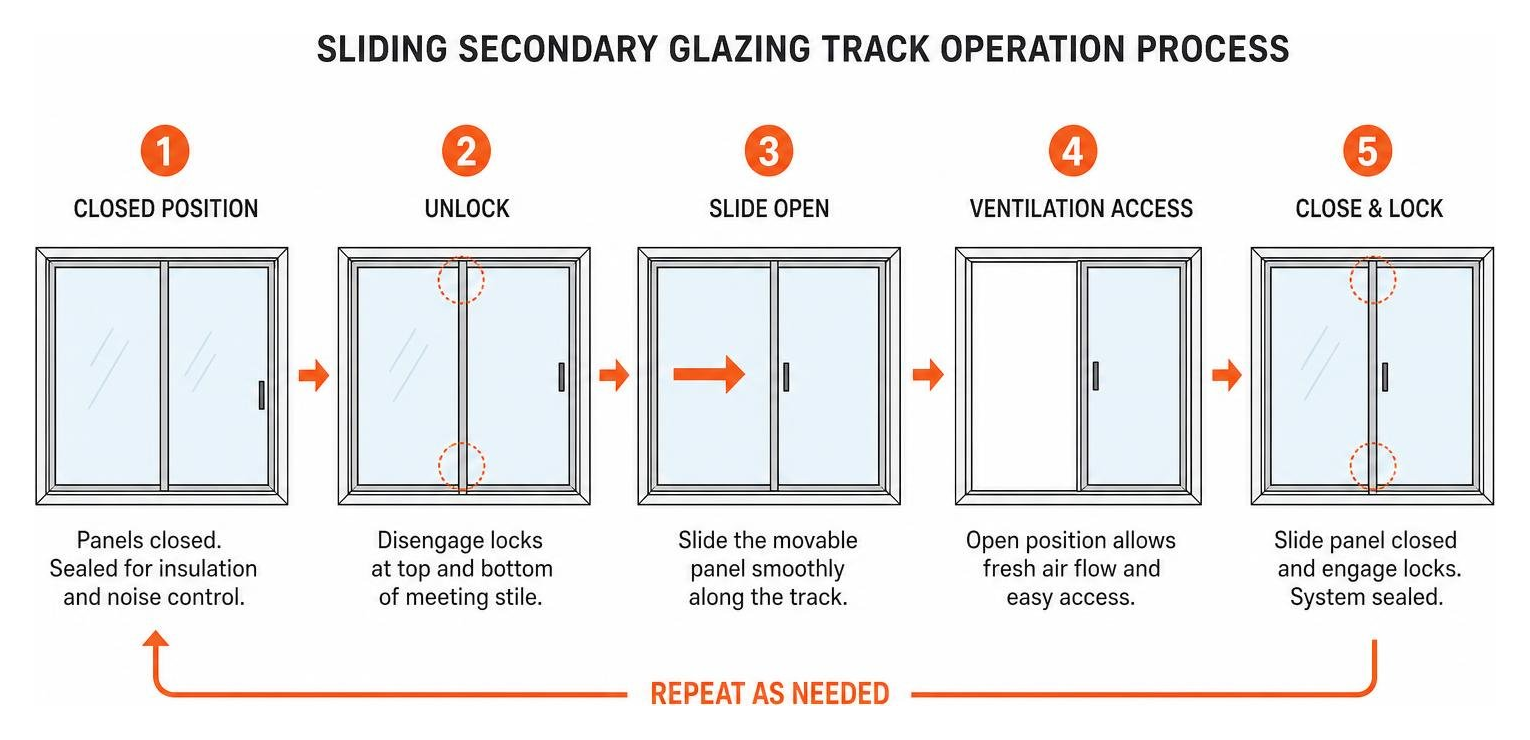 sliding secondary glazing track operation process