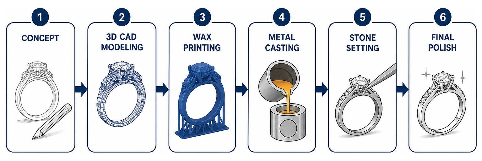 Bespoke jewelry design workflow: concept to 3D CAD modeling, wax printing, metal casting, stone setting, and final polish