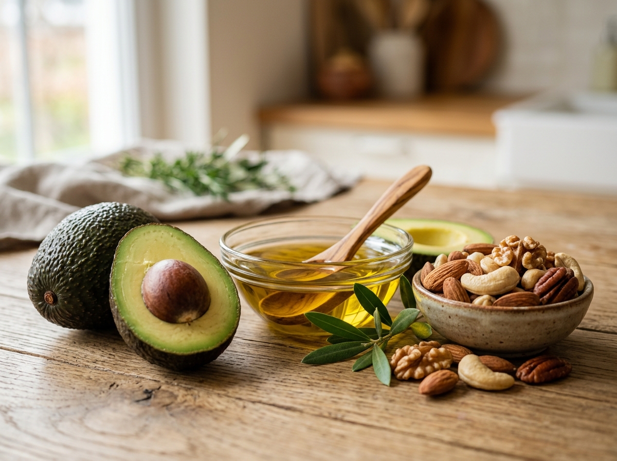 Healthy fat sources like avocado, olive oil, and nuts - balanced plate meal ideas