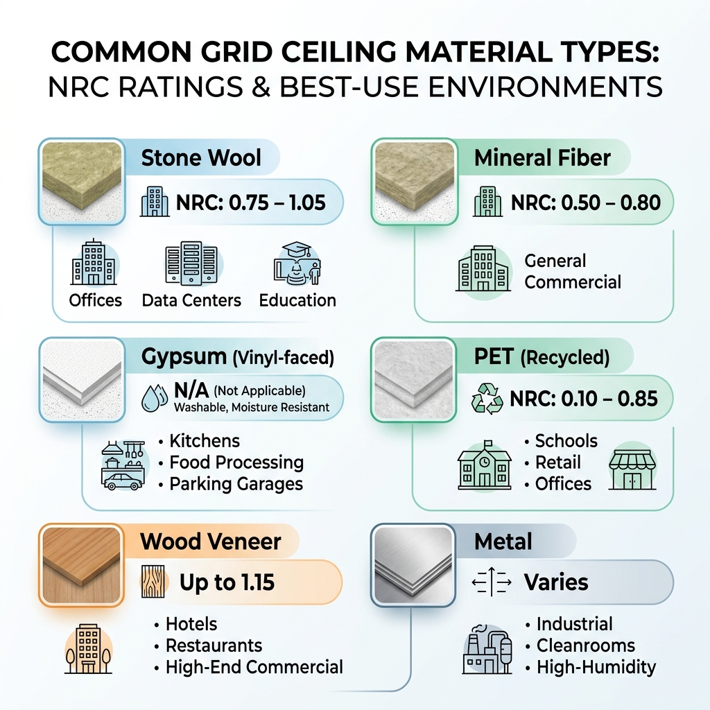 Infographic showing common grid ceiling material types, NRC ratings, and best-use environments - grid ceiling materials Infographic showing common grid ceiling material types, NRC ratings, and best-use environments - grid ceiling materials