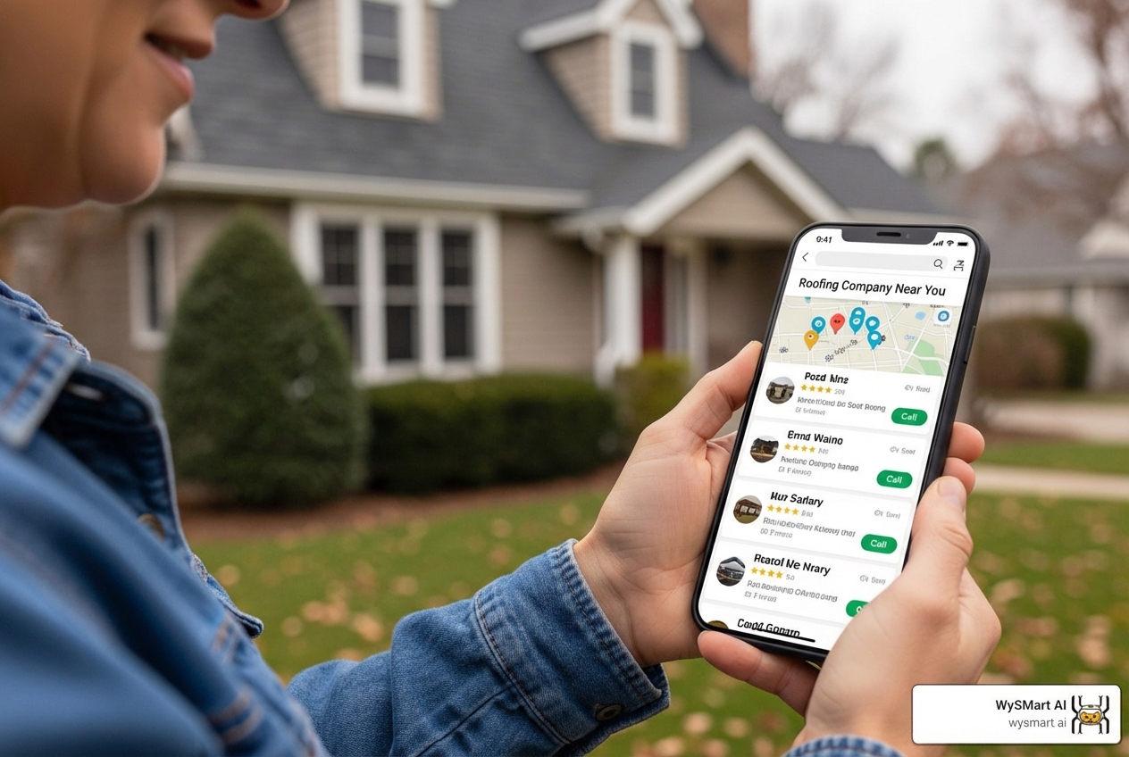 homeowner searching for "roofing company near me" on their phone - Roofing website development homeowner searching for "roofing company near me" on their phone - Roofing website development