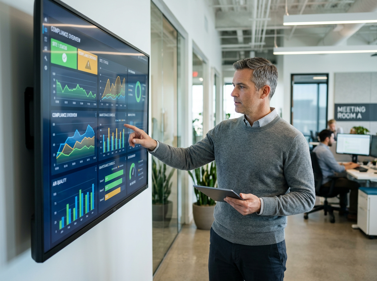 A facility manager reviewing a digital compliance dashboard