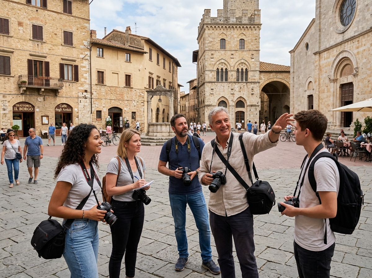photography instructor explaining composition in a historic square - european cultural photography tours