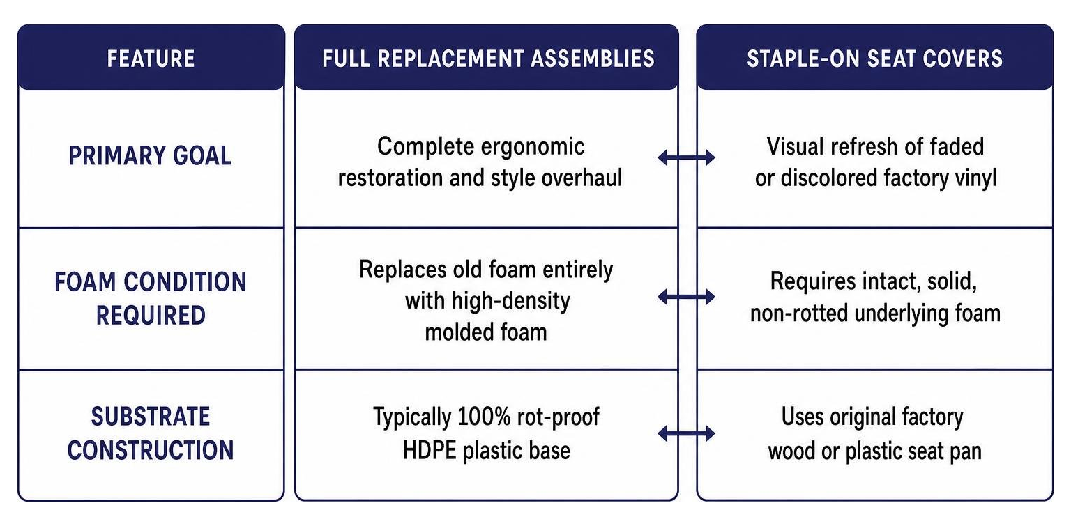 Comparison of full replacement assemblies vs staple-on covers