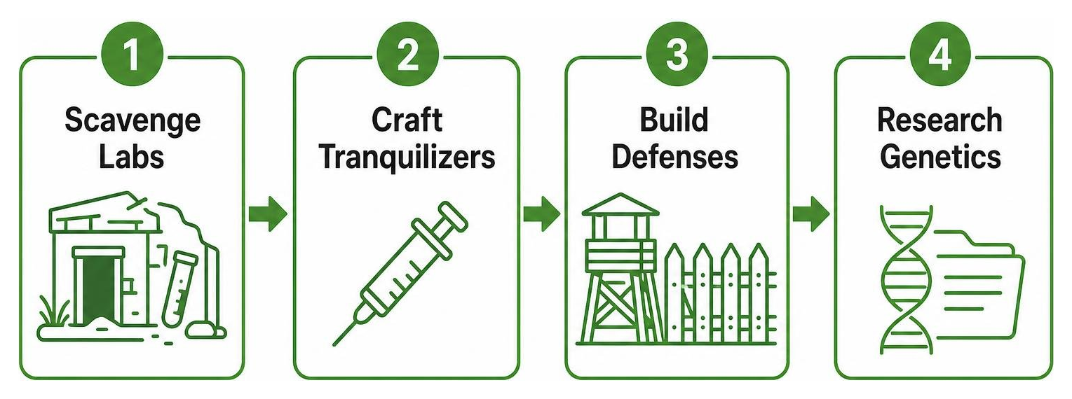Survival guide process: scavenge labs, craft tranquilizers, build defenses, research genetics