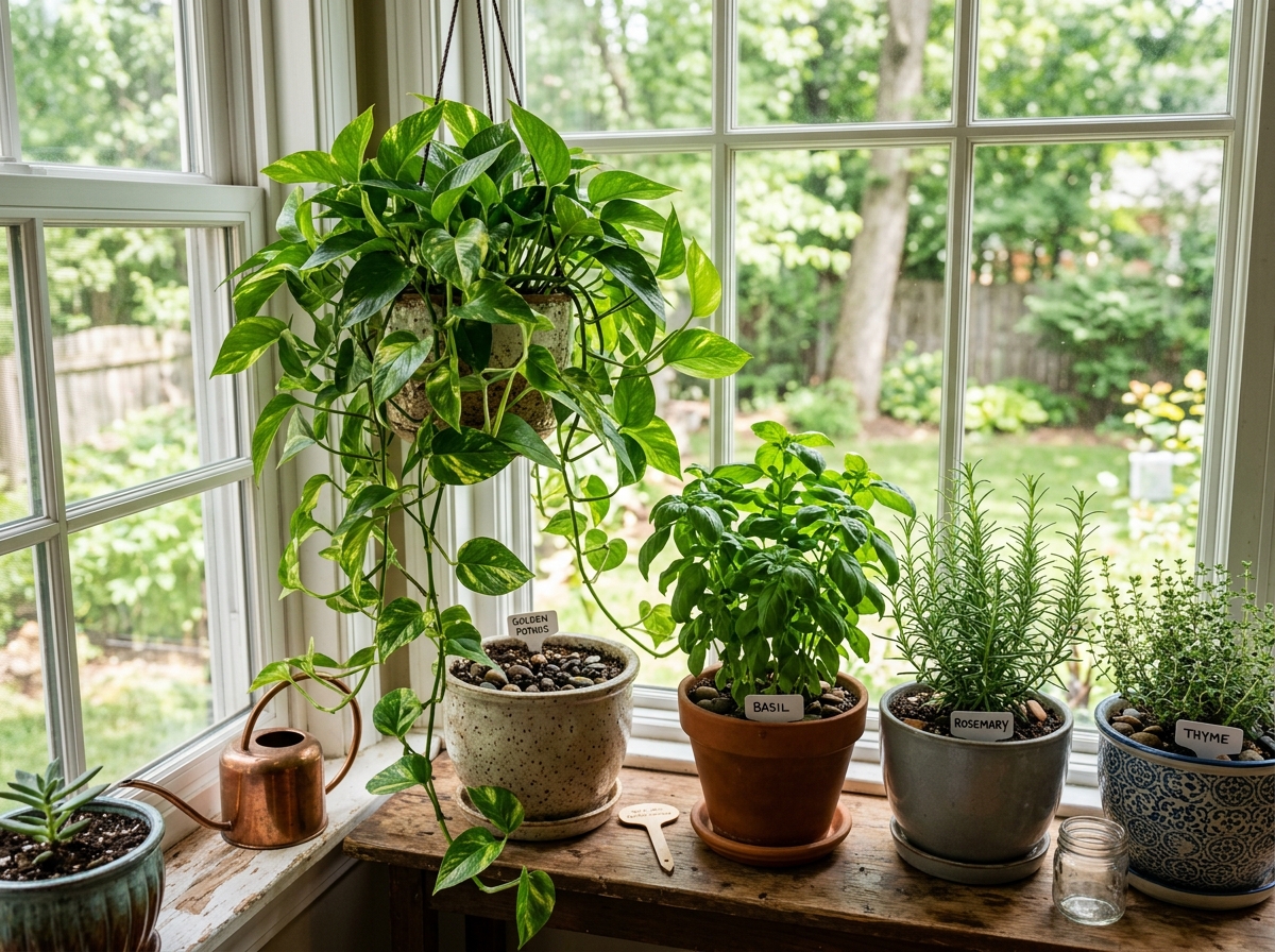 Healthy houseplants thriving in pots enriched with dark, nutrient-rich indoor compost - indoor composting for gardeners Healthy houseplants thriving in pots enriched with dark, nutrient-rich indoor compost - indoor composting for gardeners