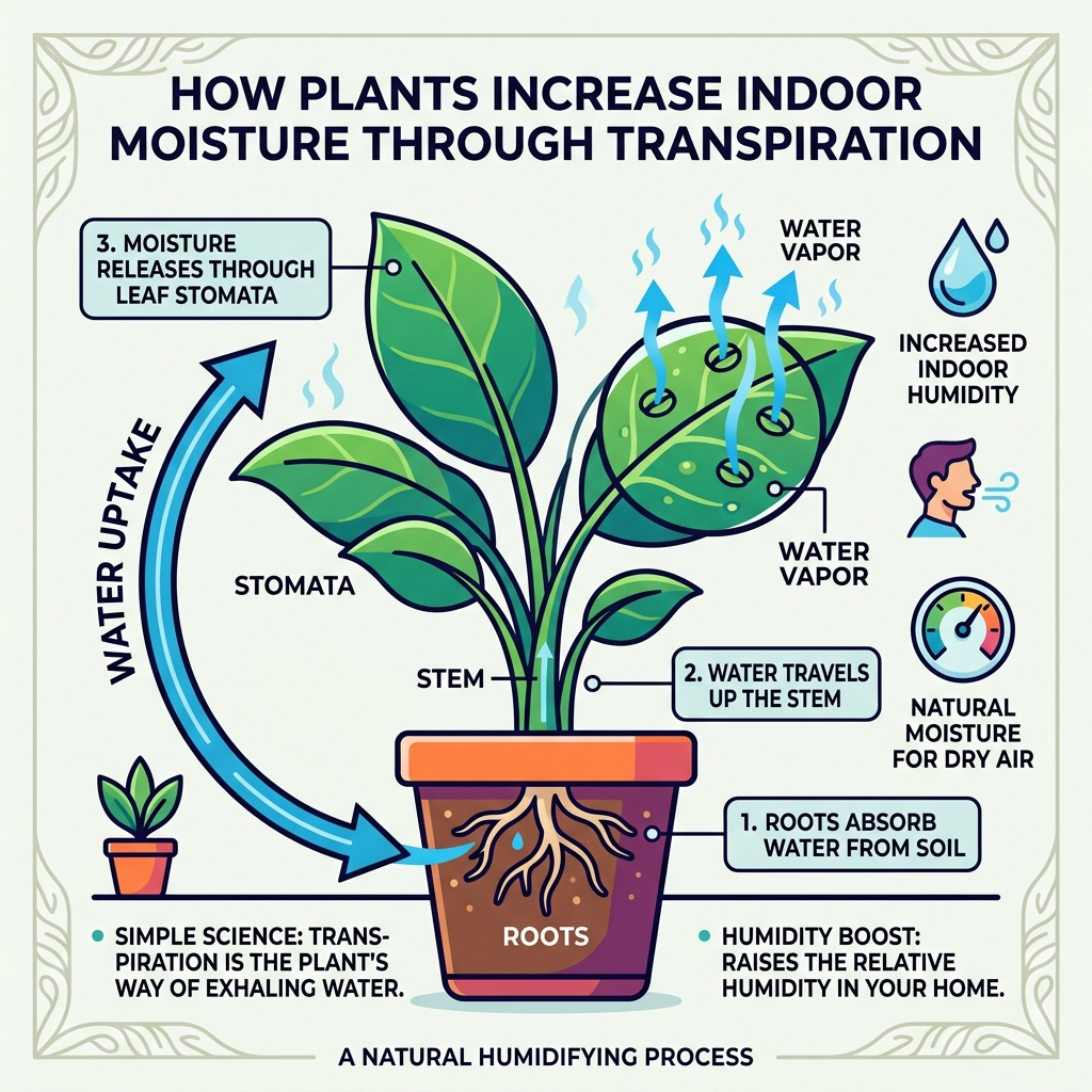infographic showing how plants release moisture into indoor air through transpiration - best plants for humidifiers