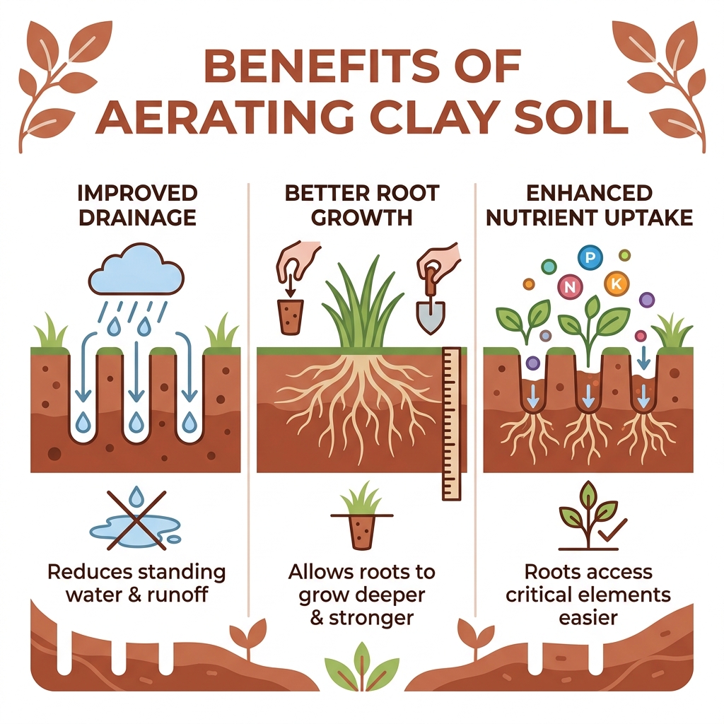 Benefits of aerating clay soil - infographic showing improved drainage, root growth, and nutrient uptake - aerate clay soil Benefits of aerating clay soil - infographic showing improved drainage, root growth, and nutrient uptake - aerate clay soil