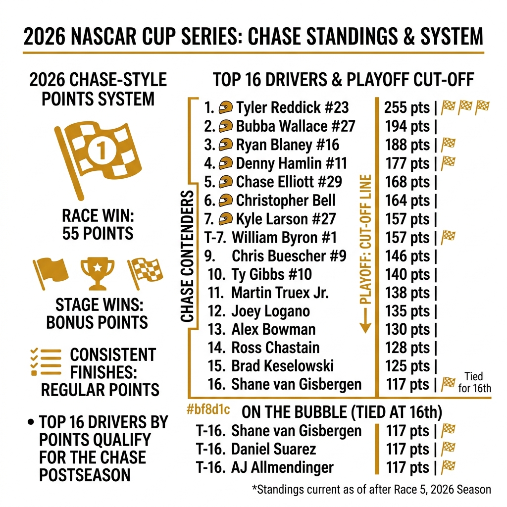 Infographic showing 2026 NASCAR Chase-style points system, top driver standings, and playoff cut-off line - nascar standings
