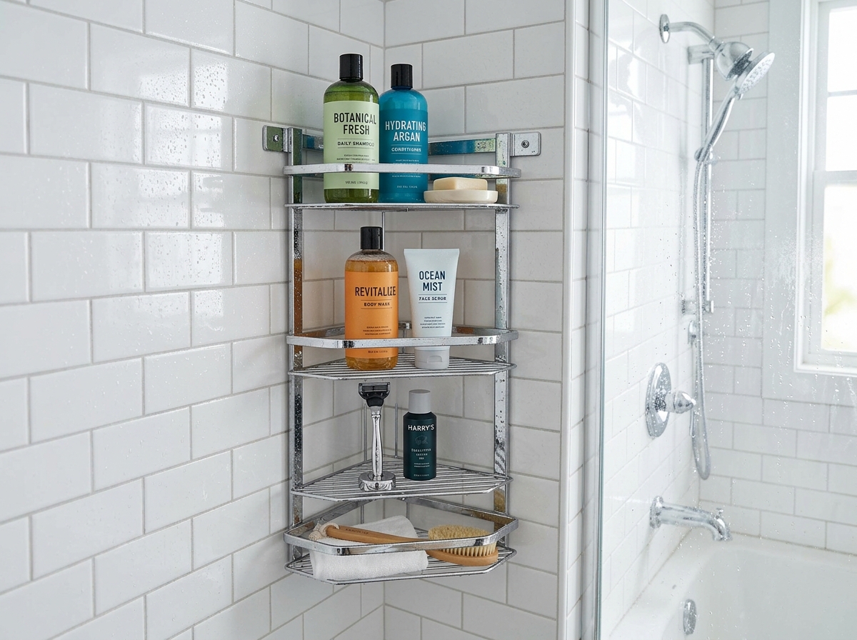 Sleek corner shelf unit maximizing vertical space - Bathroom shower shelves