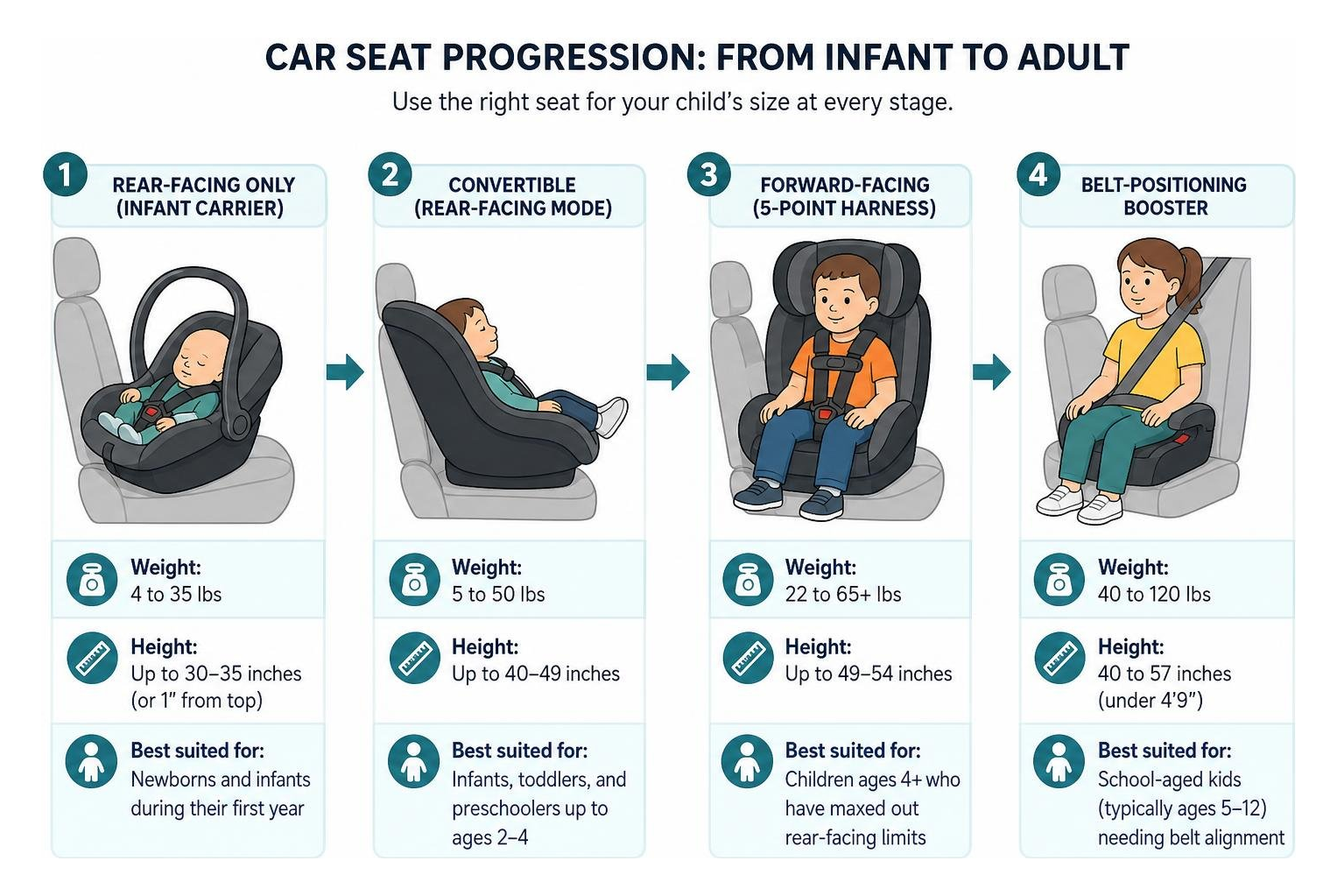 diagram of car seat progression stages from infant carrier to adult seat belt