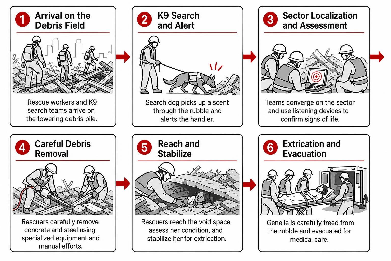 Search and rescue teams operating on the debris field