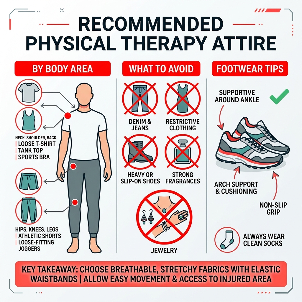 Infographic showing recommended physical therapy attire by body area, what to avoid, and footwear tips - what to wear to Infographic showing recommended physical therapy attire by body area, what to avoid, and footwear tips - what to wear to