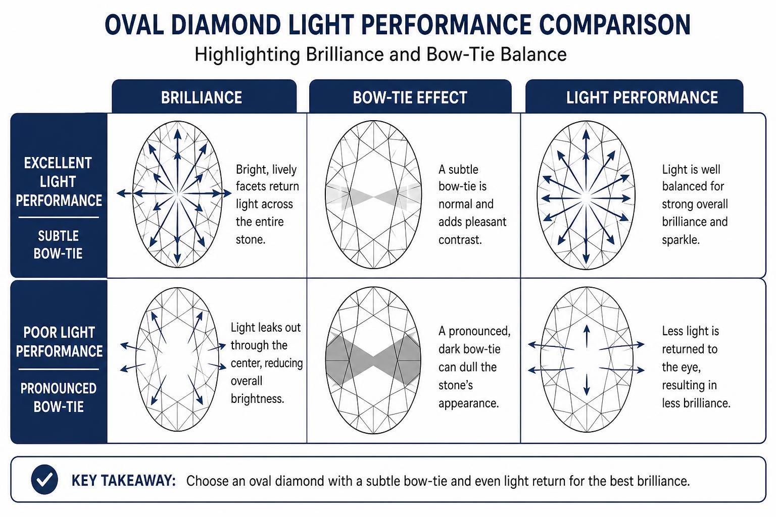 Diamond light performance comparison highlighting brilliance and bow-tie balance Diamond light performance comparison highlighting brilliance and bow-tie balance