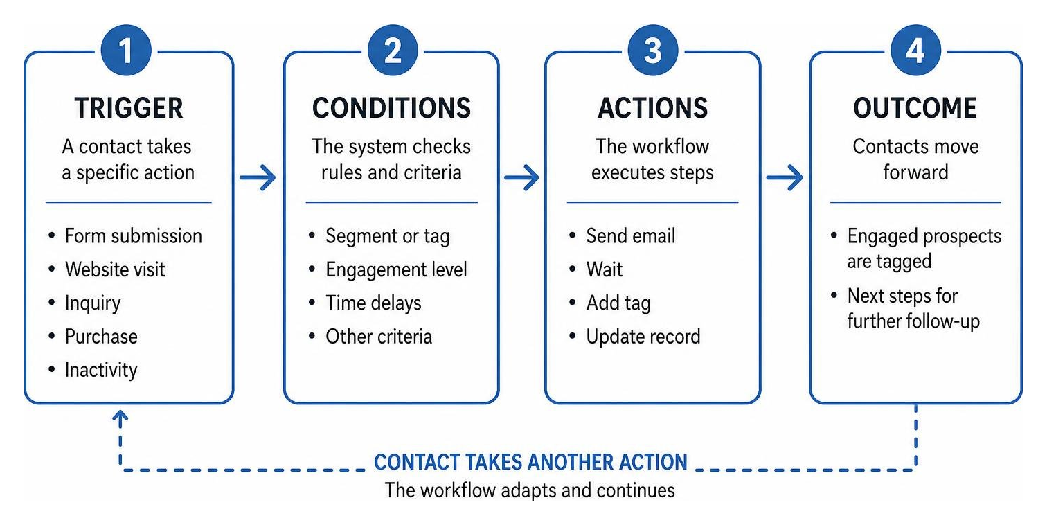 The mechanical sequence of automated email workflows The mechanical sequence of automated email workflows
