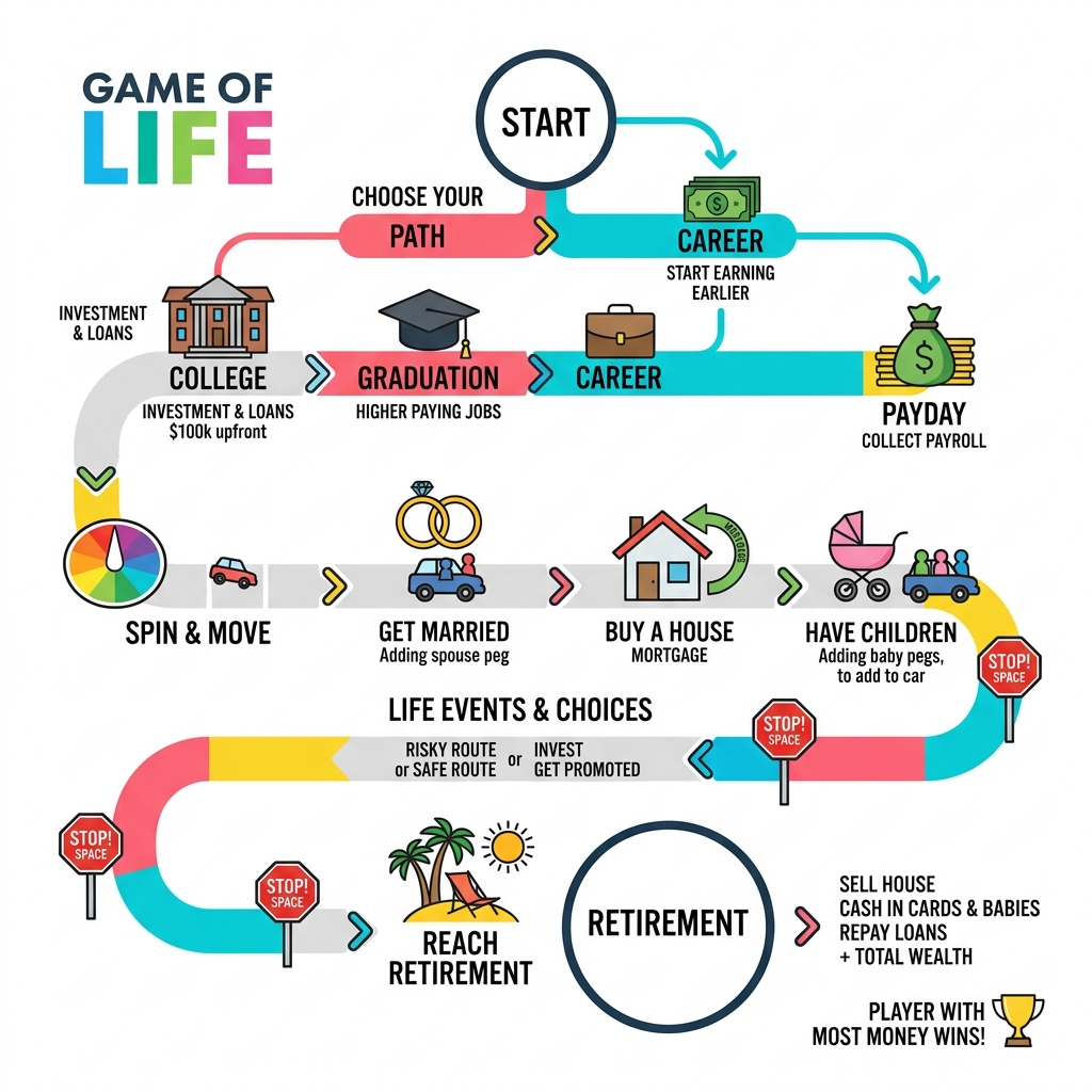 Game of Life flowchart from Start to Retirement showing key milestones and choices - game of life guide infographic Game of Life flowchart from Start to Retirement showing key milestones and choices - game of life guide infographic