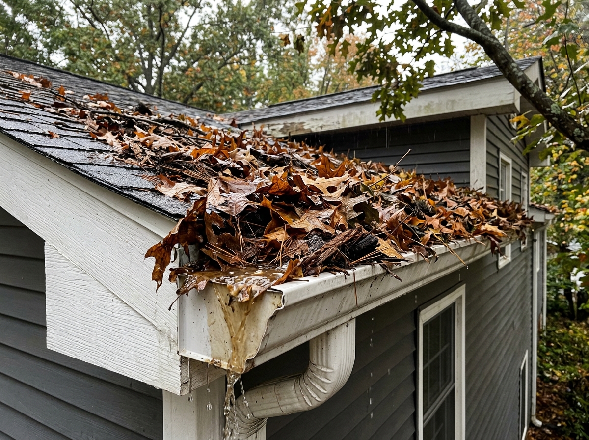 Gutters clogged with oak and poplar leaves - gutter cleaning hendersonville