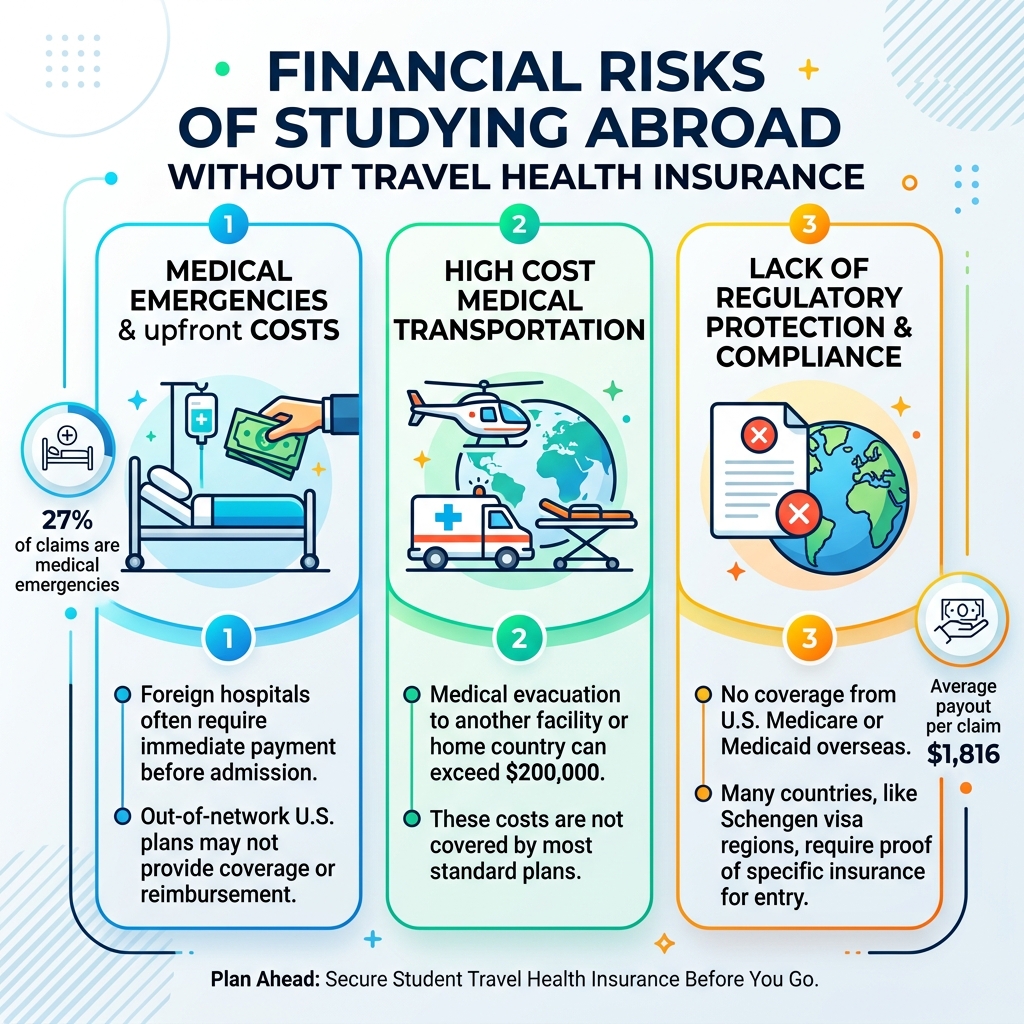 Infographic showing financial risks of studying abroad without travel health insurance coverage - travel abroad health Infographic showing financial risks of studying abroad without travel health insurance coverage - travel abroad health