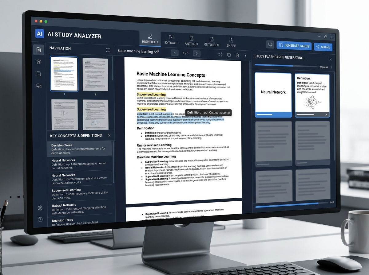 AI interface analyzing a PDF to extract key study concepts - ai flashcard creator app AI interface analyzing a PDF to extract key study concepts - ai flashcard creator app