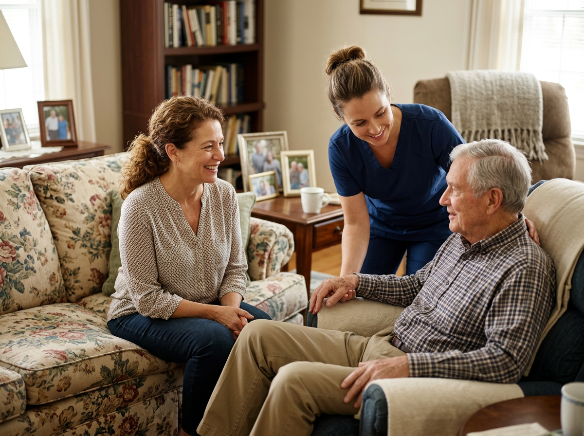 family caregiver smiling with relief while a professional care provider assists her father