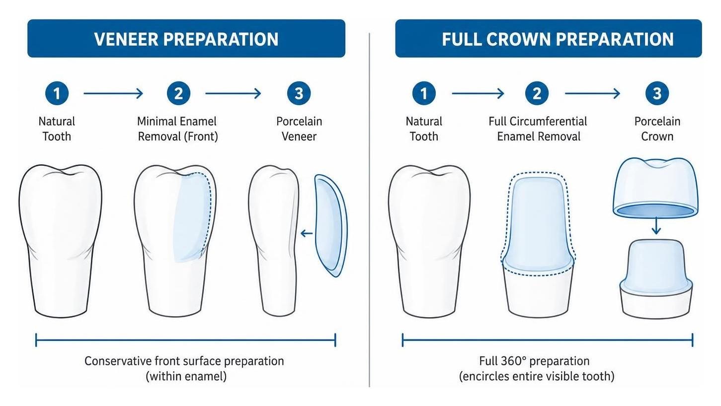 Diagram comparing enamel removal for a veneer versus full circumferential crown preparation