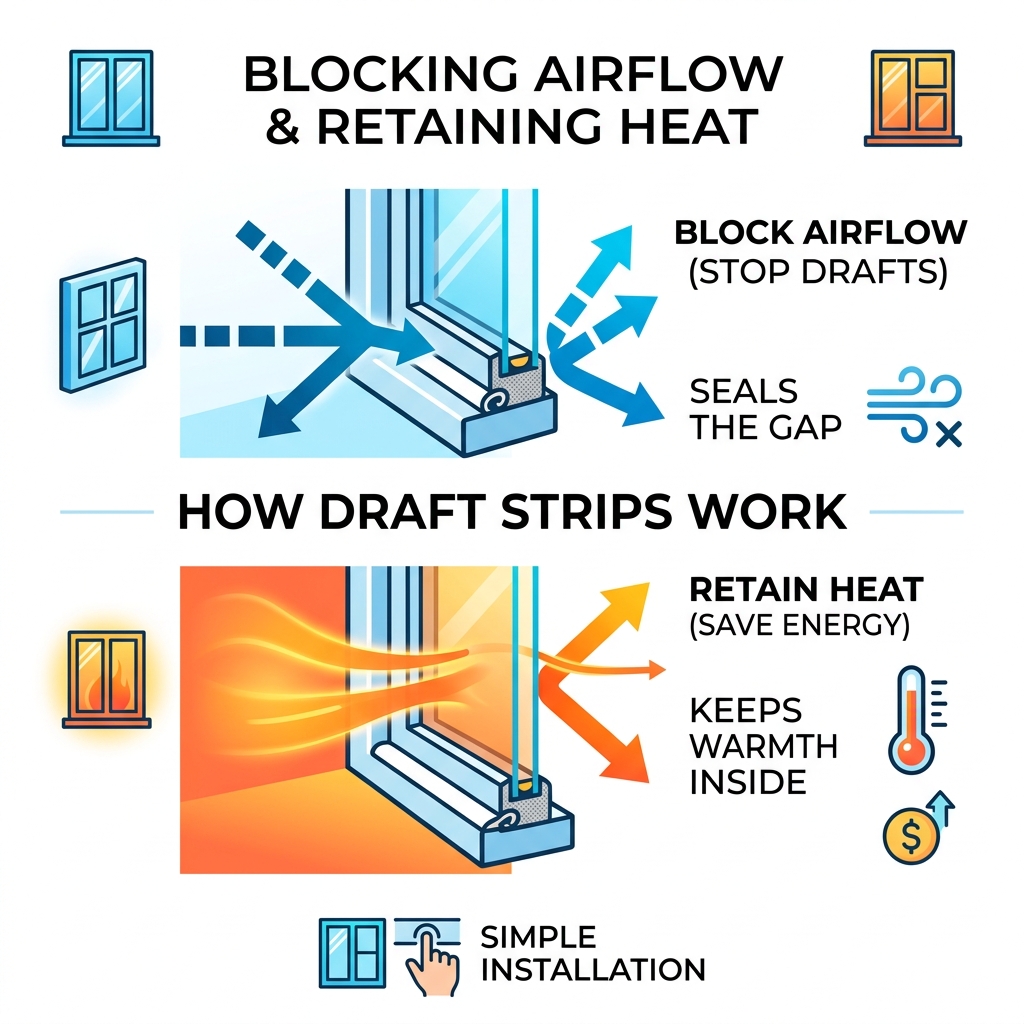 How draft strips block airflow and retain heat in windows - draft strips for windows infographic 