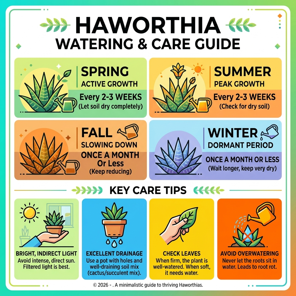 Haworthia watering frequency by season and key care tips infographic - haworthia succulent care watering infographic 