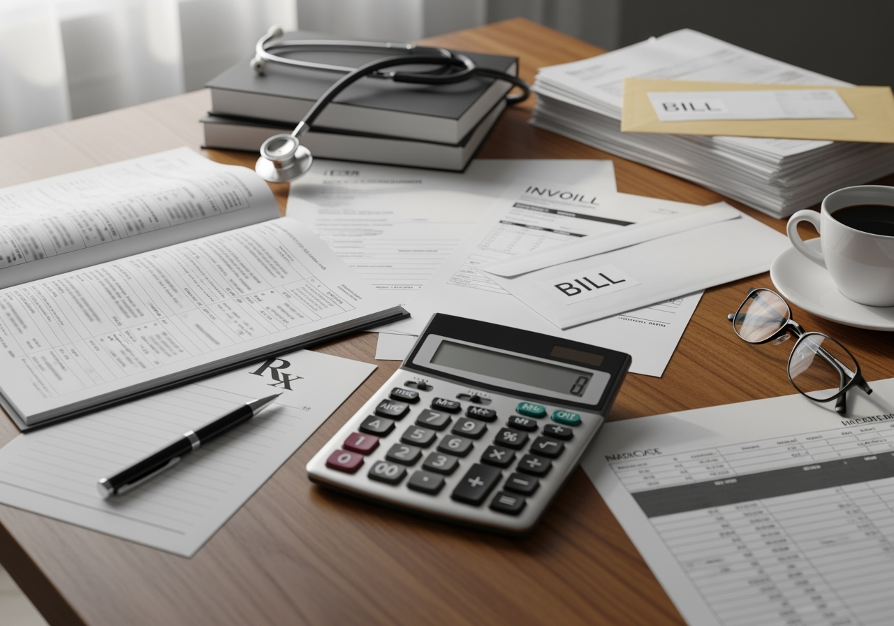 of a calculator with medical and financial documents in the background - brain injury lawsuit of a calculator with medical and financial documents in the background - brain injury lawsuit