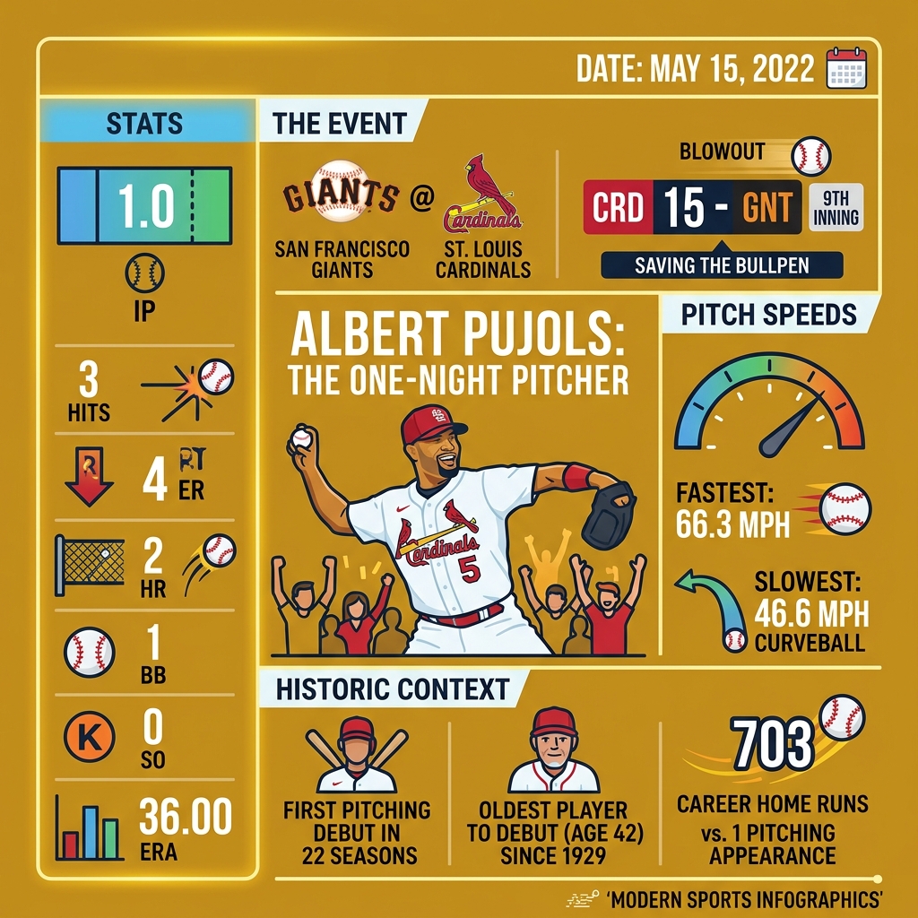 Albert Pujols pitching timeline infographic: date, stats, pitch speeds, and historic context - albert pujols pitching