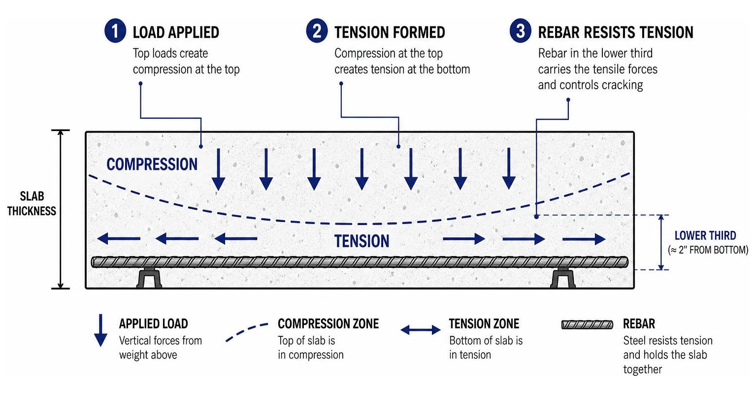 Diagram showing how top loads create tension at the bottom of a slab and how rebar resists this force