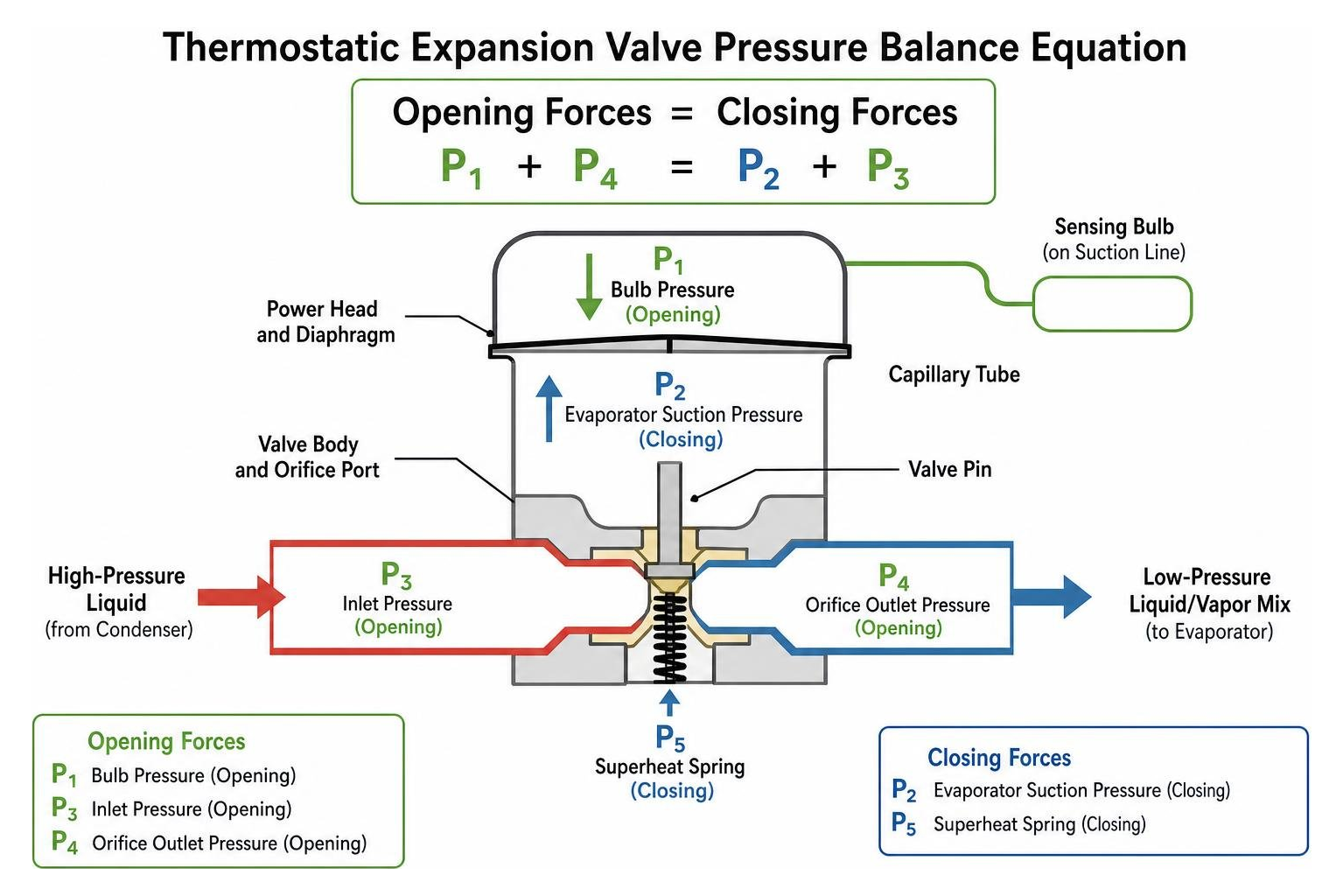 Thermostatic expansion valve pressure balance equation