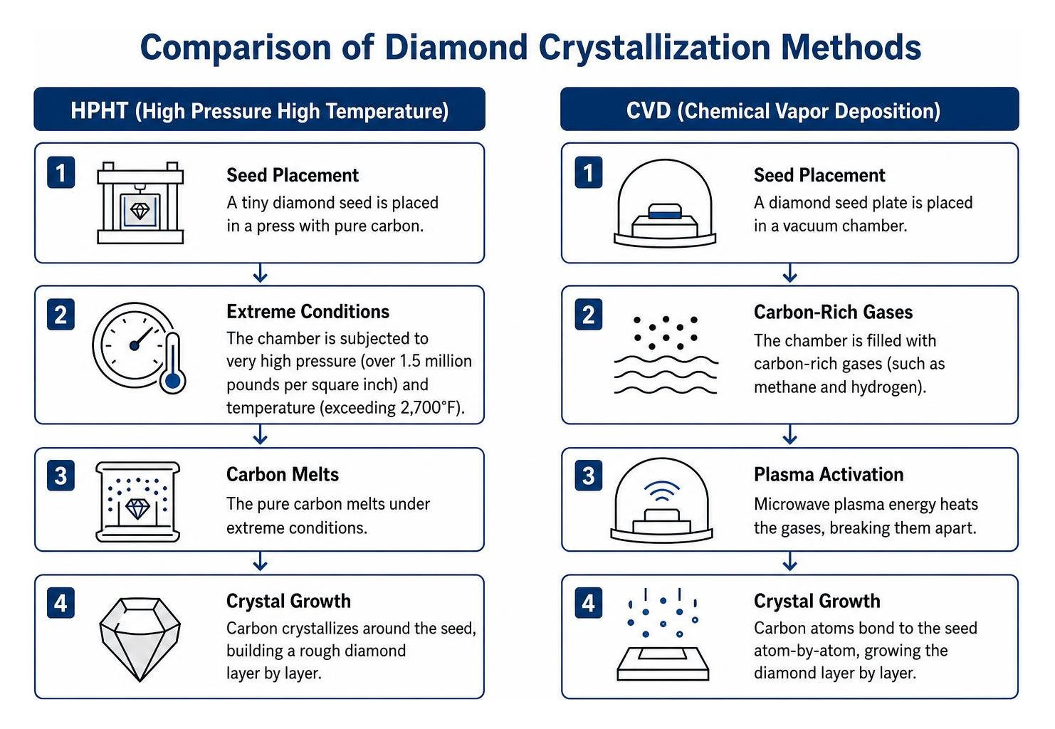 Comparison of diamond crystallization methods