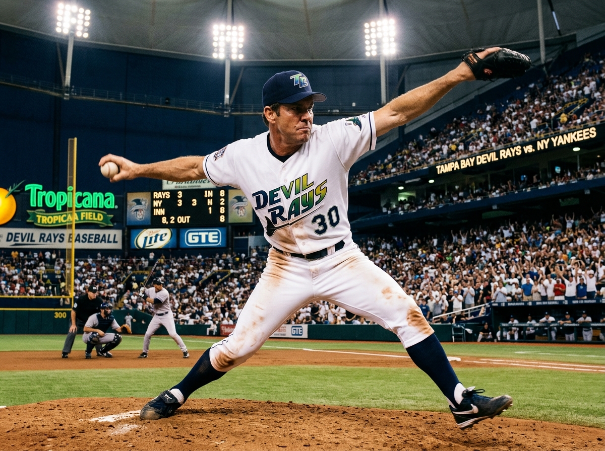 Dennis Quaid as Jim Morris pitching on the mound in The Rookie - the baseball movie the rookie