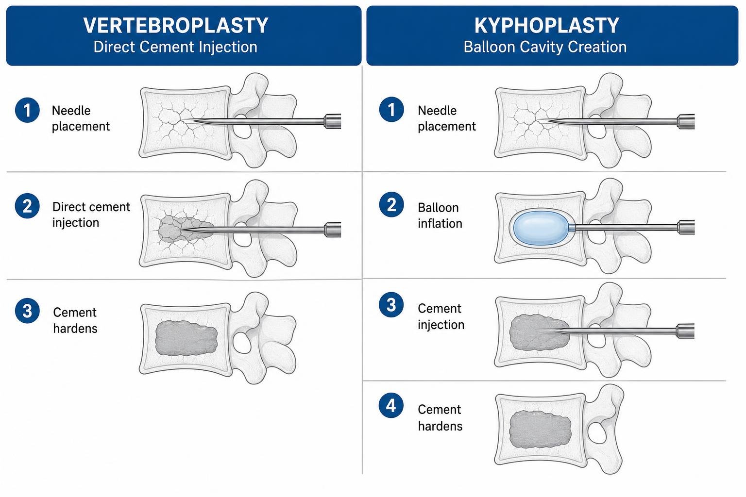 Diagram comparing the direct injection of vertebroplasty with the balloon cavity creation of kyphoplasty