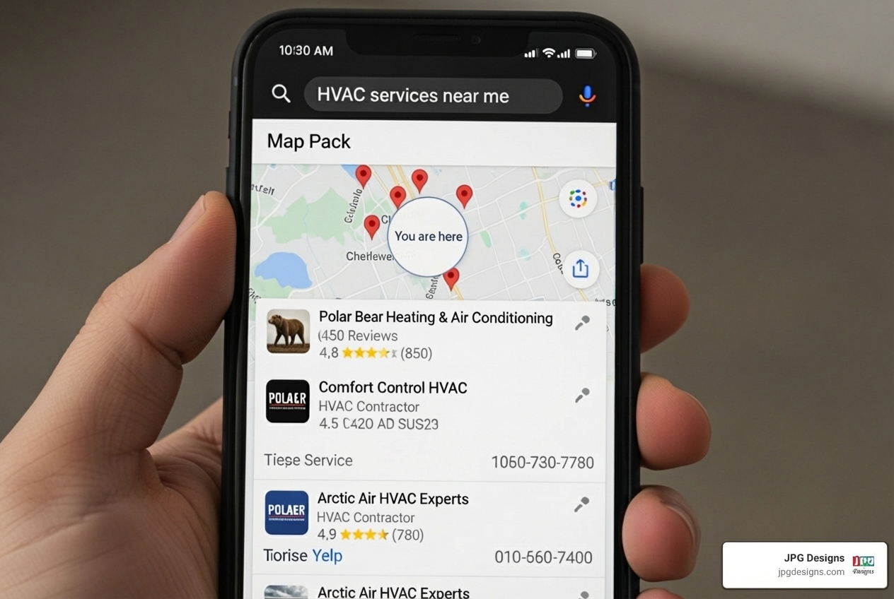 Google search result showing a local HVAC company in the map pack - web design hvac