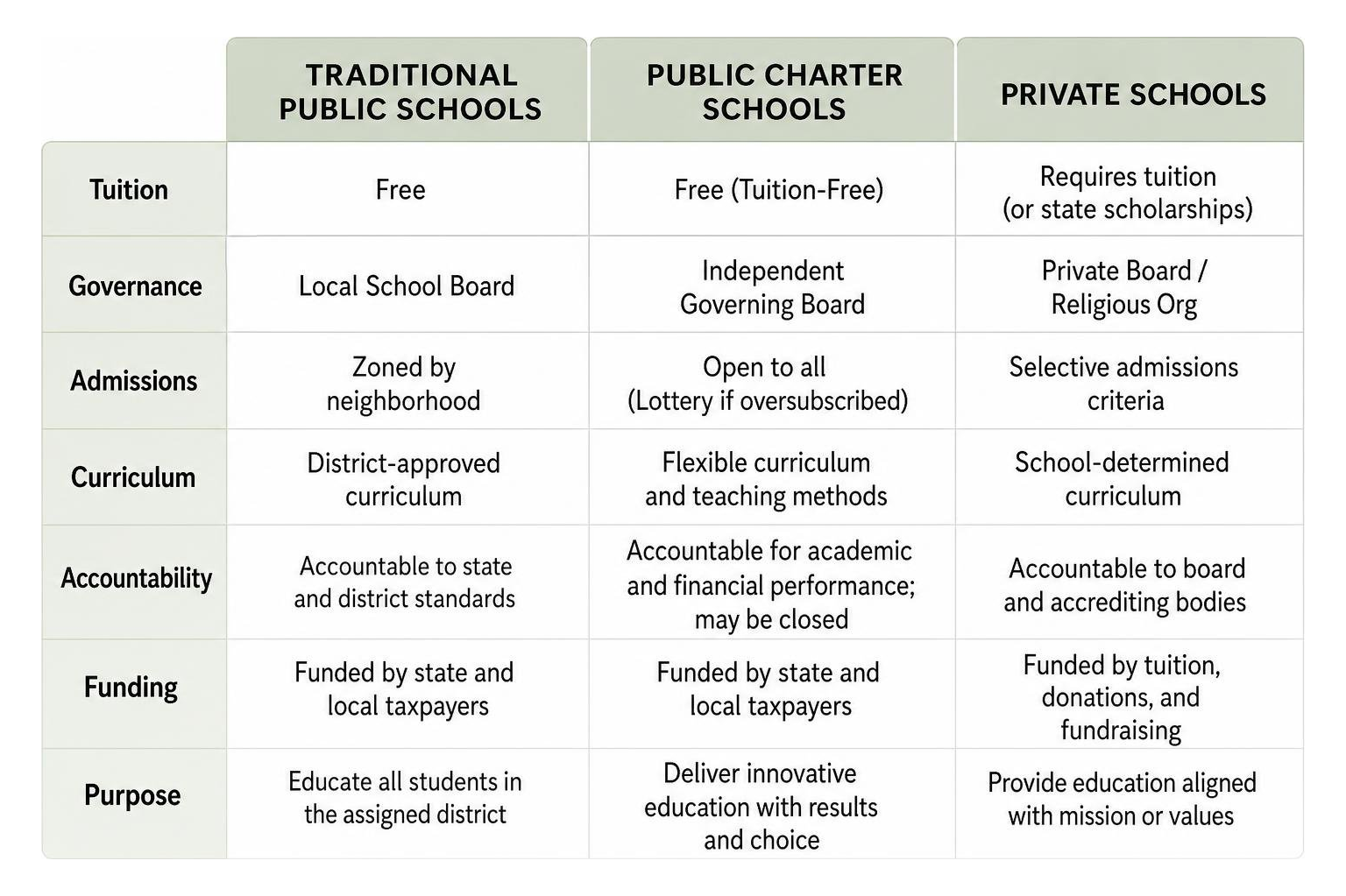 Diagram comparing traditional public, private, and charter schools Diagram comparing traditional public, private, and charter schools