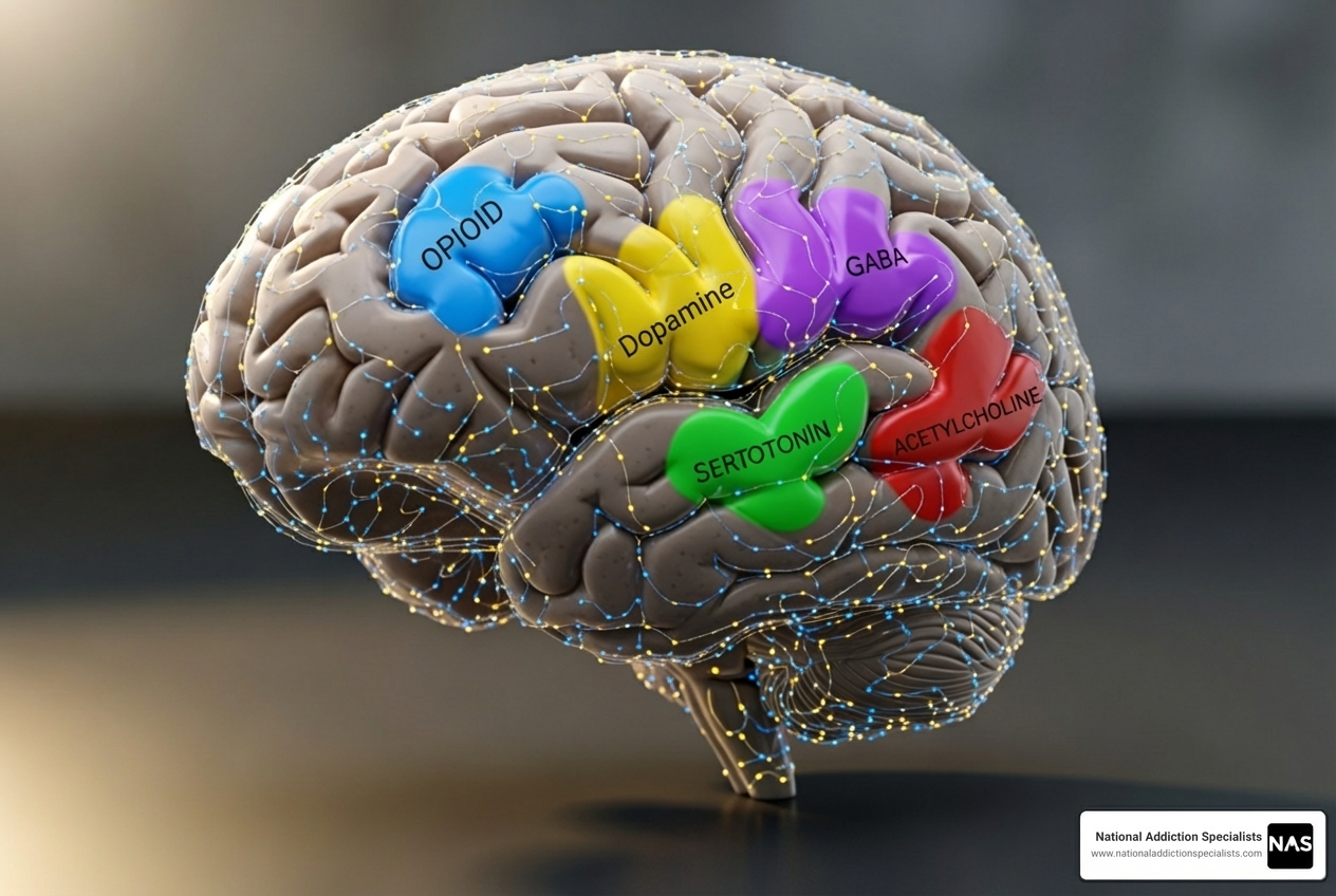 human brain with highlighted receptor areas - kratom treatment