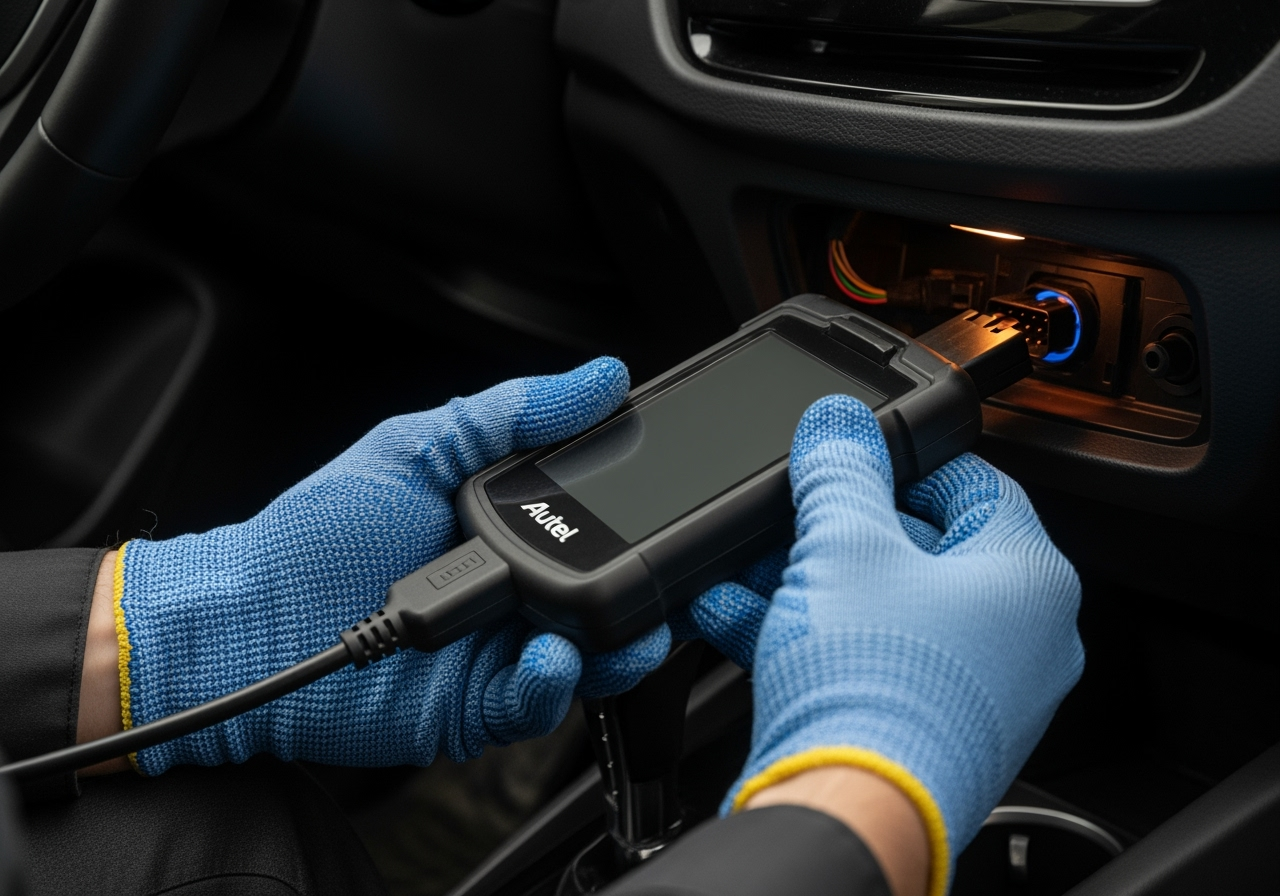 mechanic connecting an OBD-II scanner to a car's port - electrical system diagnosis