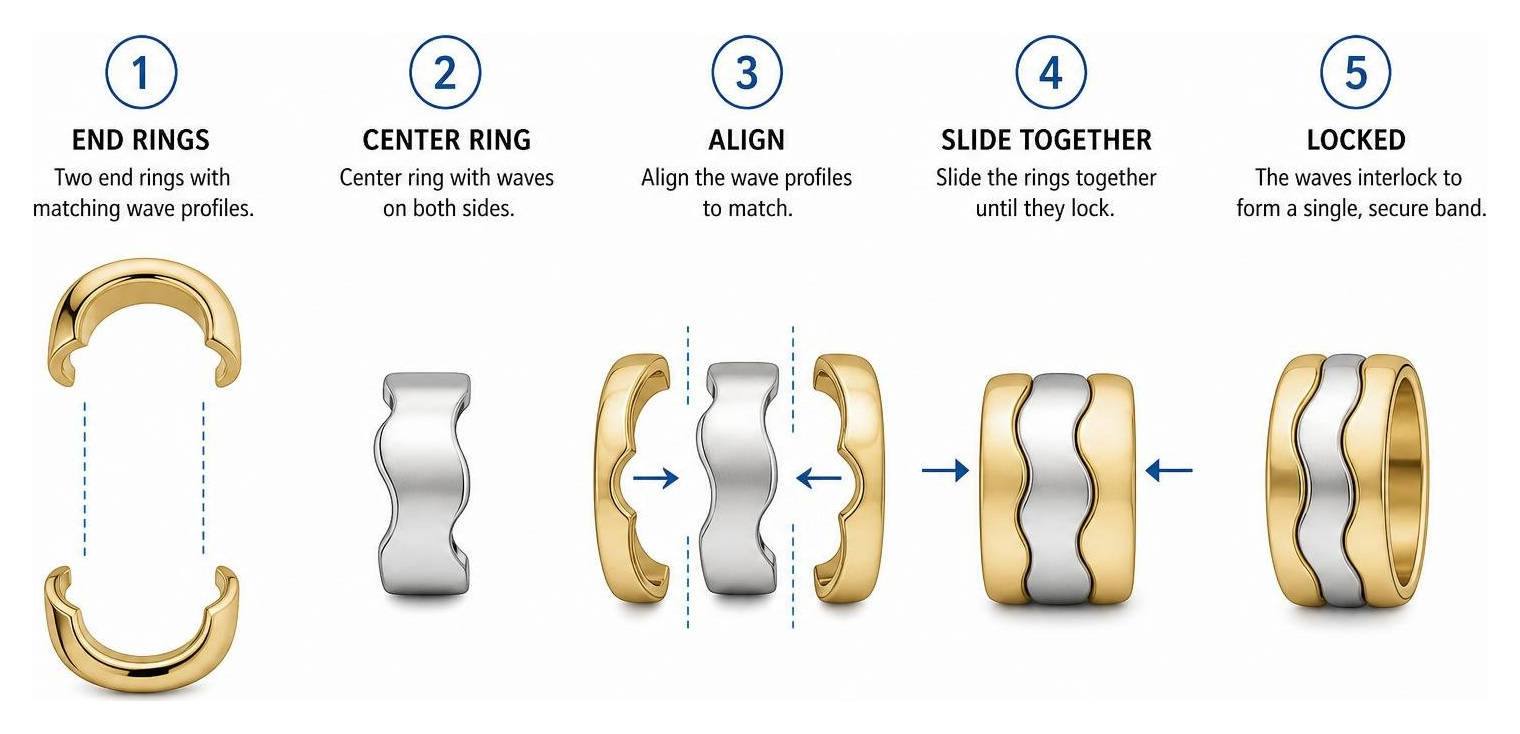 Step-by-step diagram of how Fusion end and center rings interlock