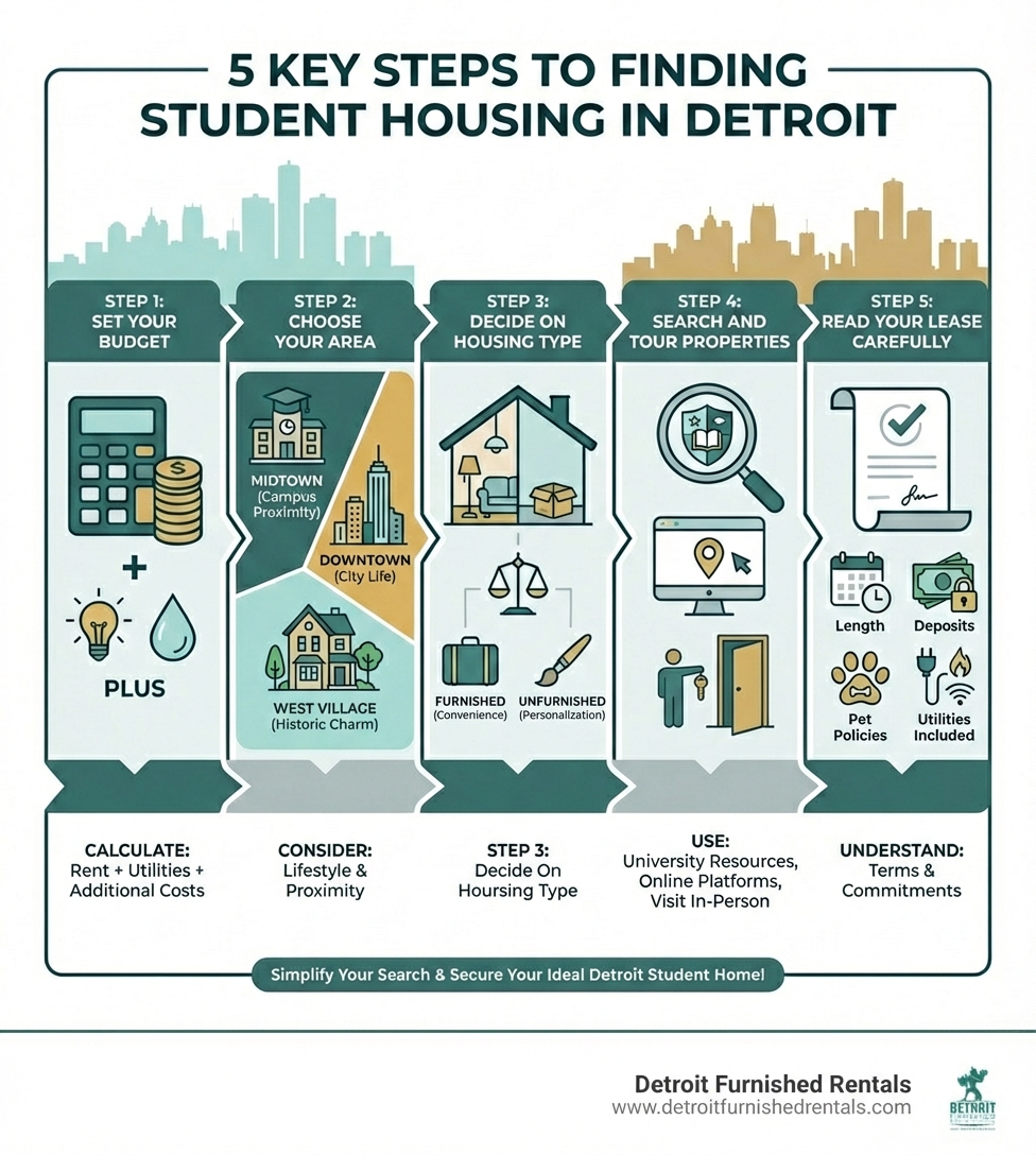 Infographic showing 5 key steps to finding student housing in Detroit: Step 1 - Set Your Budget (calculate rent plus utilities and additional costs), Step 2 - Choose Your Area (consider Midtown for campus proximity, Downtown for city life, or West Village for historic charm), Step 3 - Decide on Housing Type (furnished apartments for convenience or unfurnished for personalization), Step 4 - Search and Tour Properties (use university resources, online platforms, and visit in person), Step 5 - Read Your Lease Carefully (understand length, deposits, pet policies, and utilities included) - Student housing Detroit infographic 