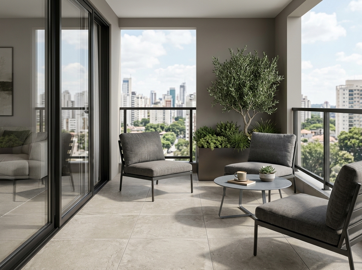 matte finish porcelain tiles on a small terrace with neutral tones and sleek furniture - minimalist balcony floor tiles