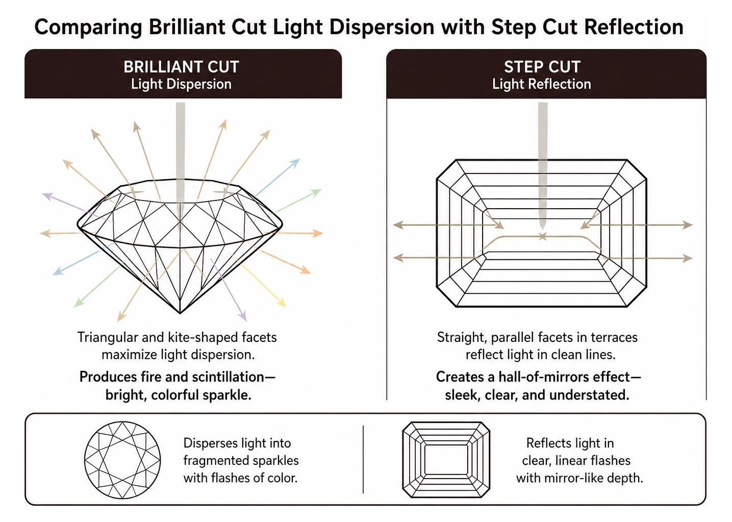 Comparing brilliant cut light dispersion with step cut reflection