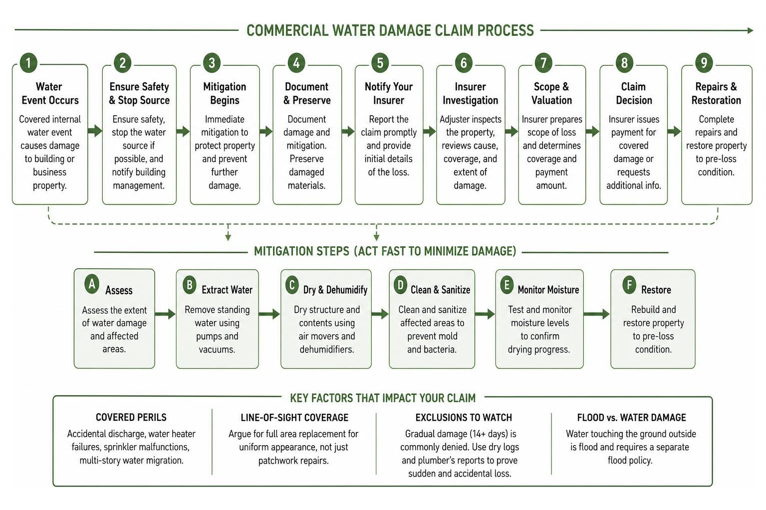 Flowchart of the commercial water damage claim process and mitigation steps Flowchart of the commercial water damage claim process and mitigation steps