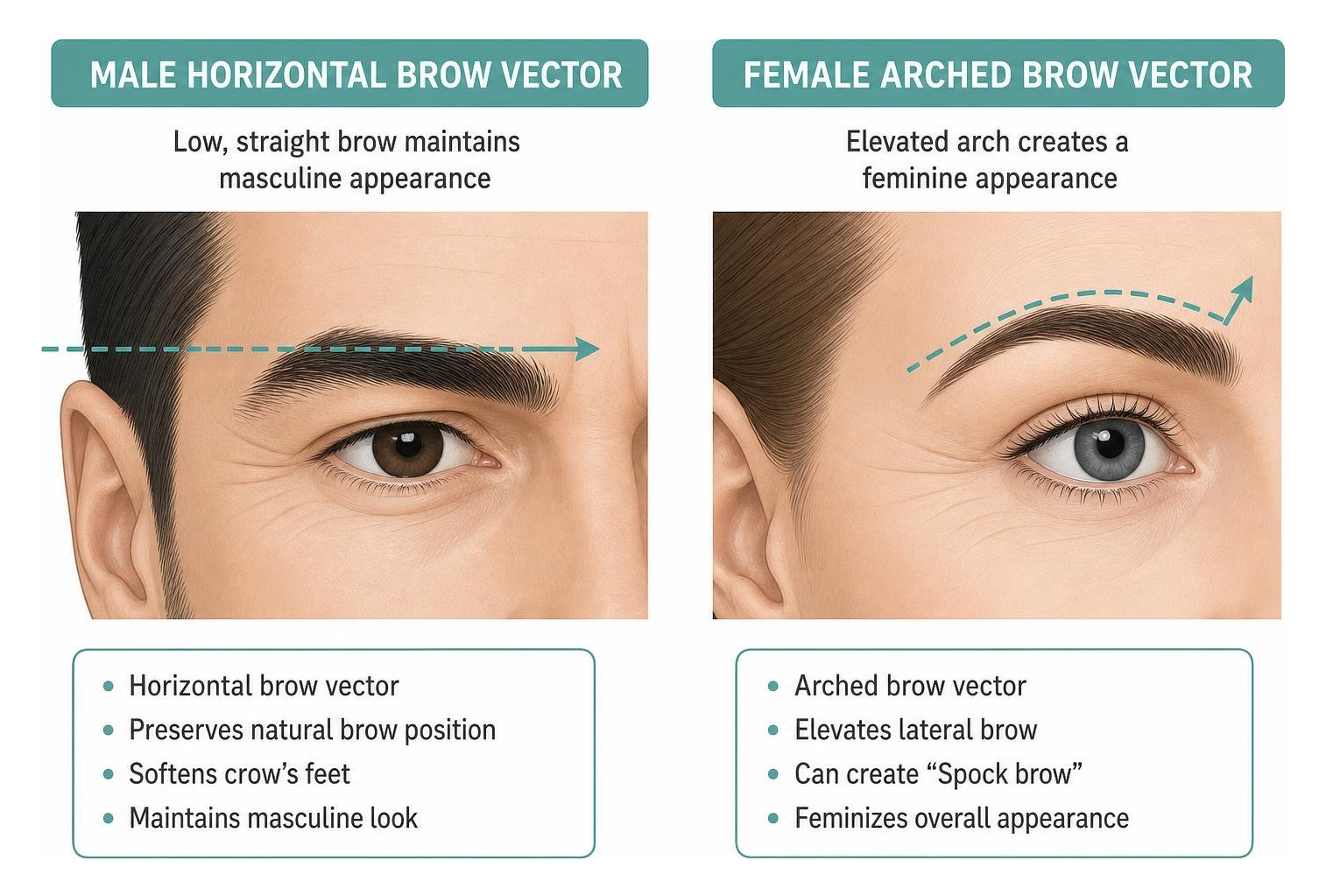 Diagram showing male horizontal brow vector versus female arched brow vector