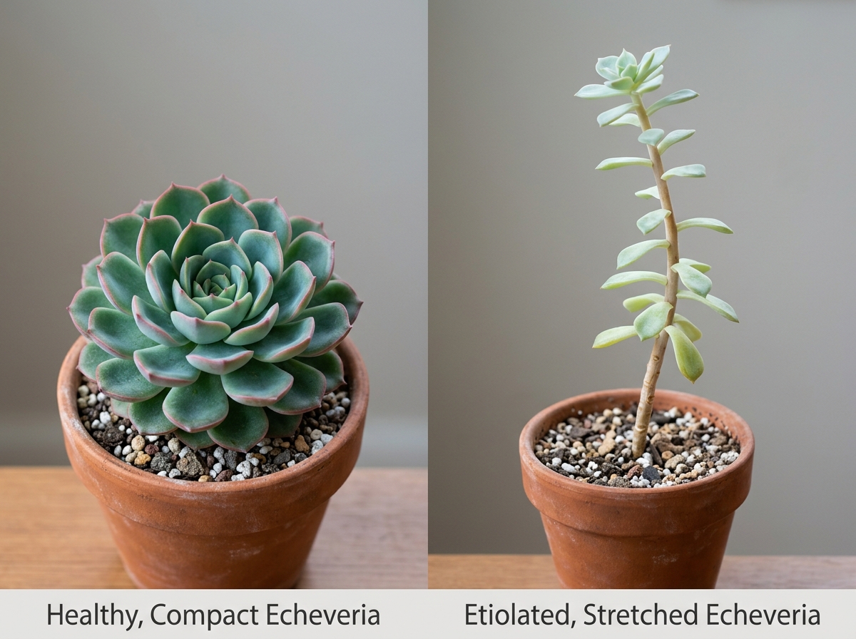 comparison of healthy compact succulents vs. stretched etiolated plants - grow lights for succulents