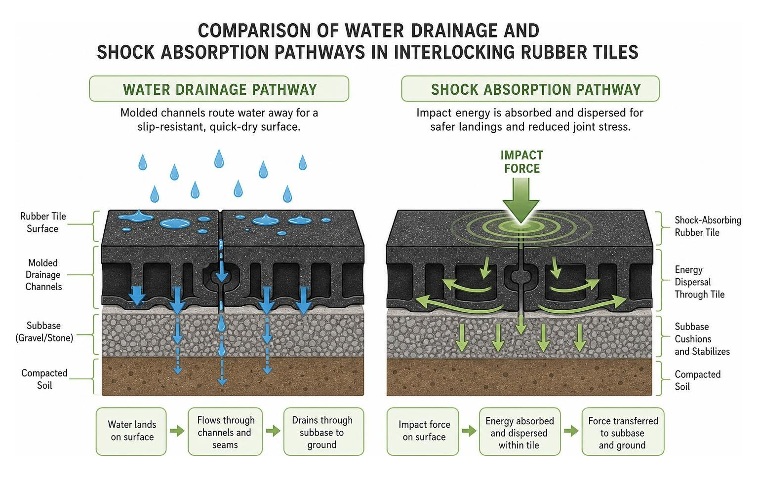 Comparison of water drainage and shock absorption pathways in interlocking rubber tiles Comparison of water drainage and shock absorption pathways in interlocking rubber tiles