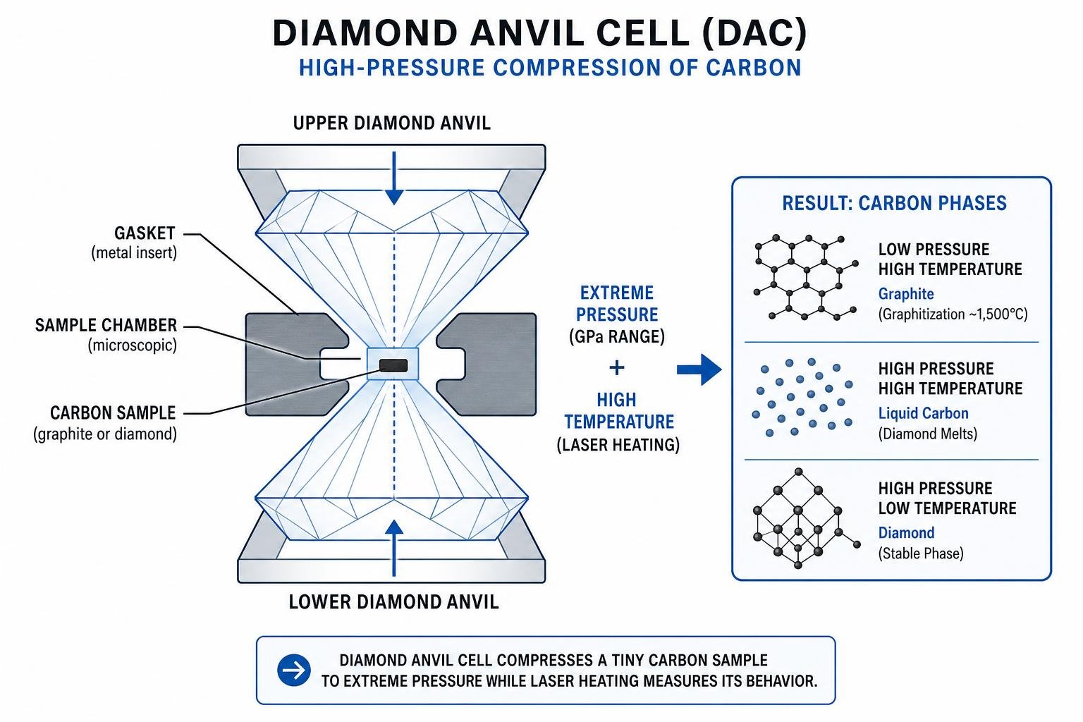 Diamond anvil cell diagram showing high-pressure compression of carbon Diamond anvil cell diagram showing high-pressure compression of carbon