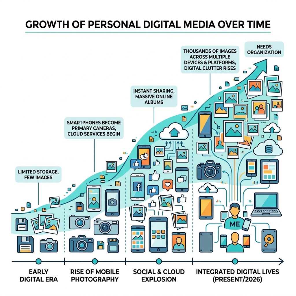 growth of personal digital media over time infographic - organize digital photos software infographic 