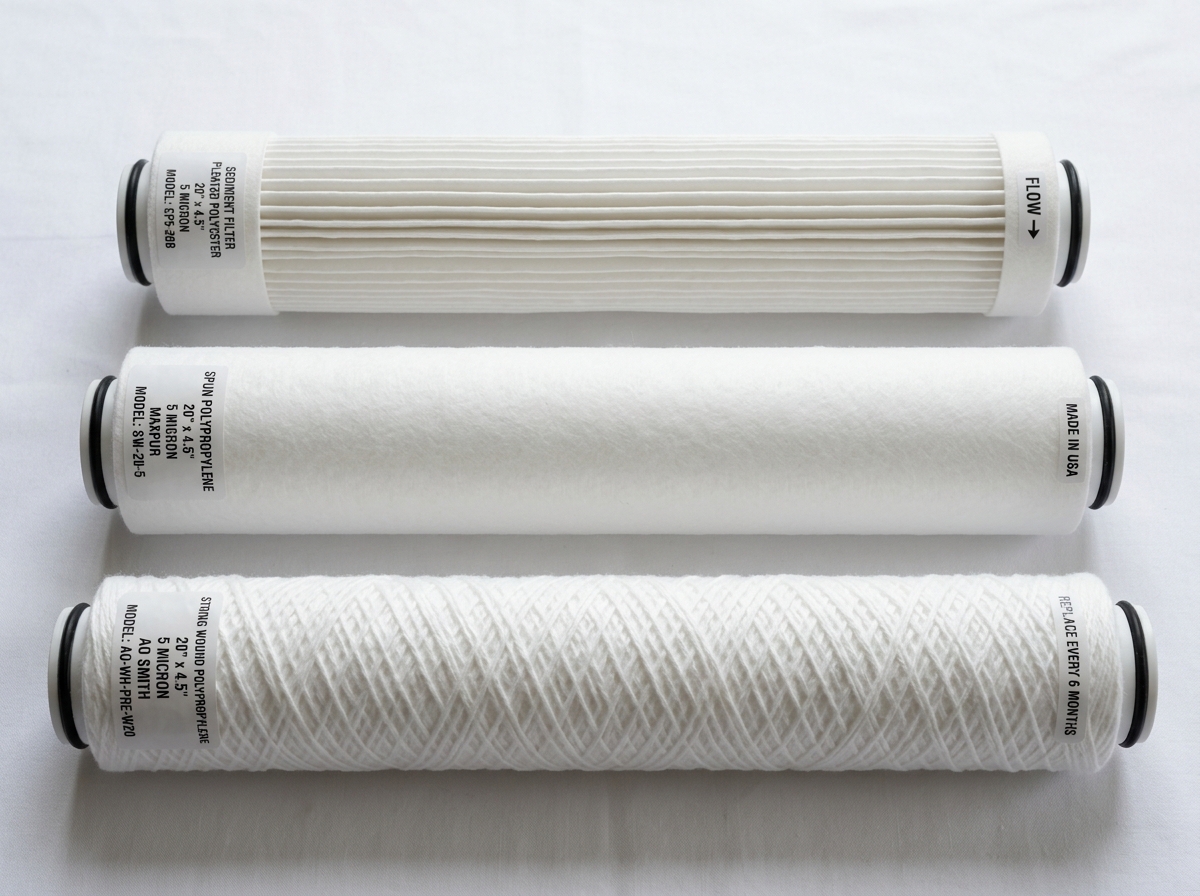 Various types of 20-inch sediment filter media including pleated, spun, and string-wound - 20 sediment filter