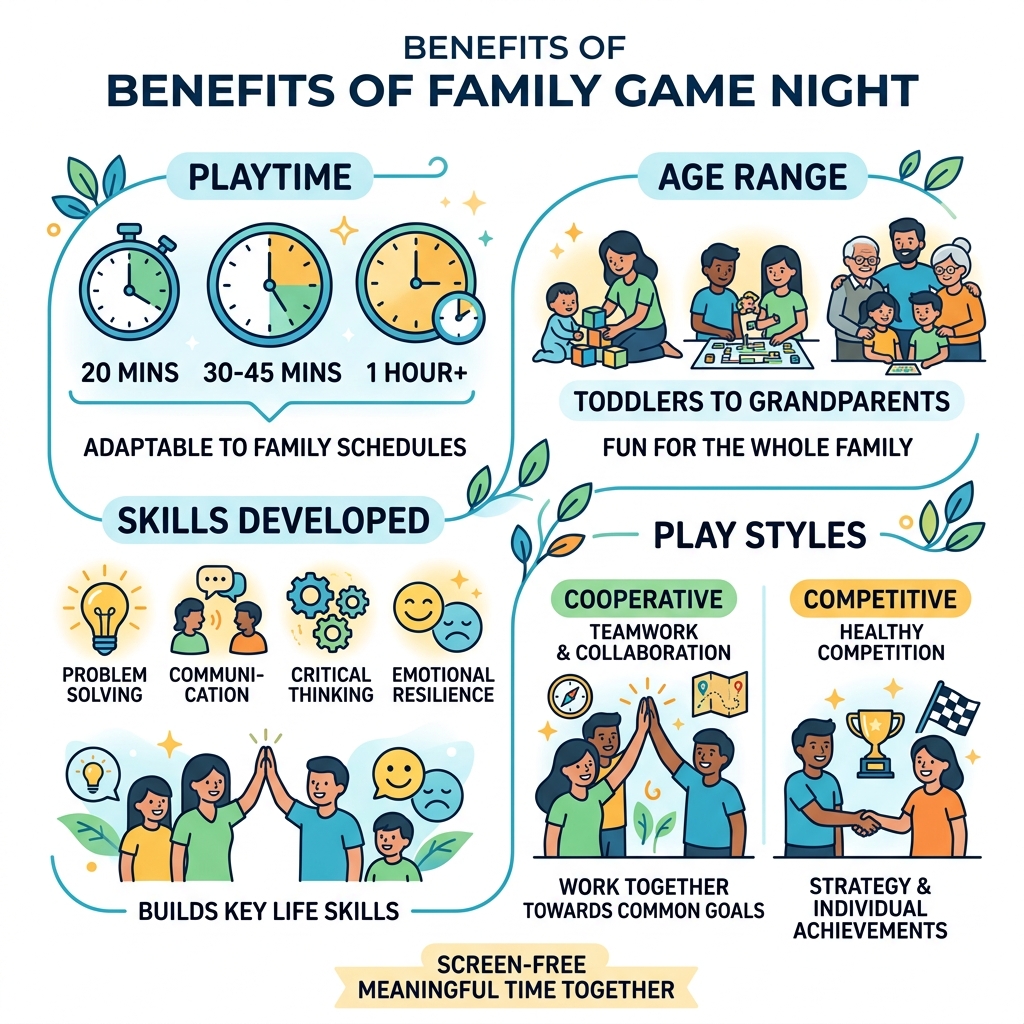 Benefits of family game night infographic showing playtime, age range, skills developed, and cooperative vs competitive play Benefits of family game night infographic showing playtime, age range, skills developed, and cooperative vs competitive play